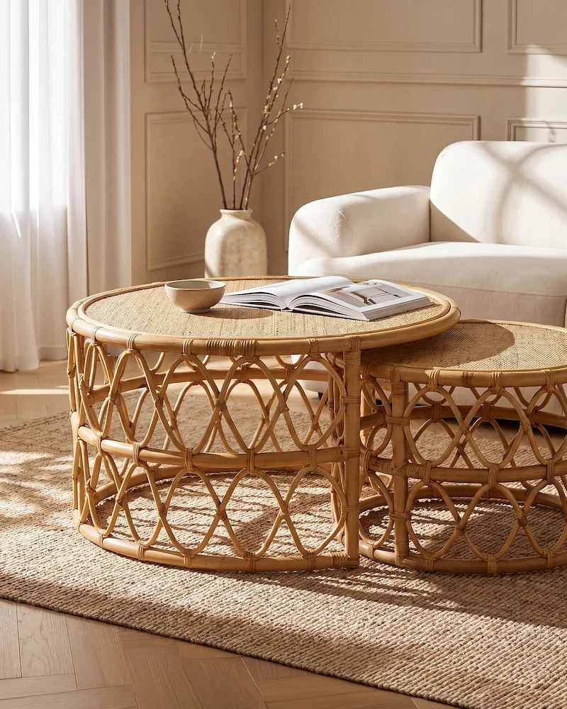 Tables basses gigognes Ronita en rotin naturel tressé dans un salon lumineux