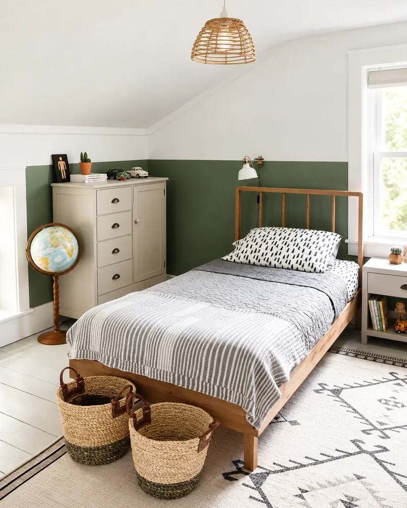 Chambre d'enfant avec soubassement vert kaki, lit en bois, commode claire et paniers tressés