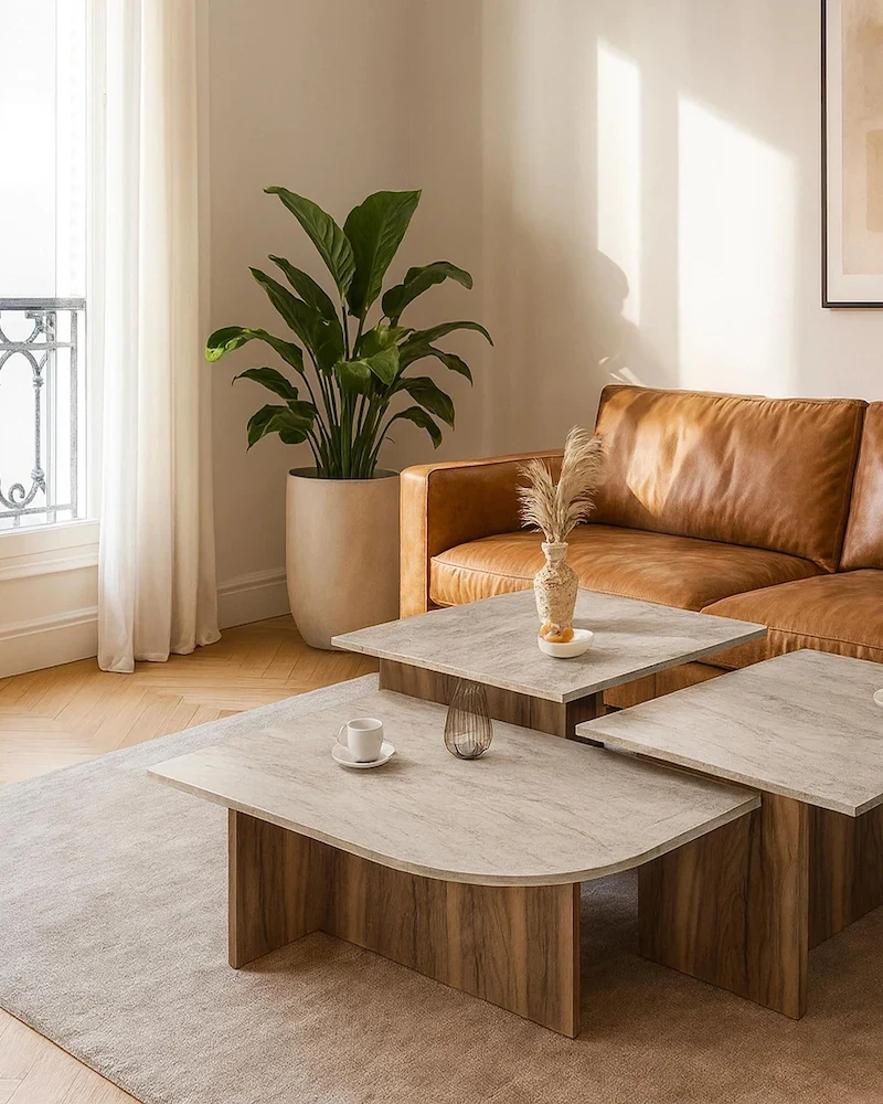 Tables basses gigognes Omelina effet travertin beige devant un canapé cognac