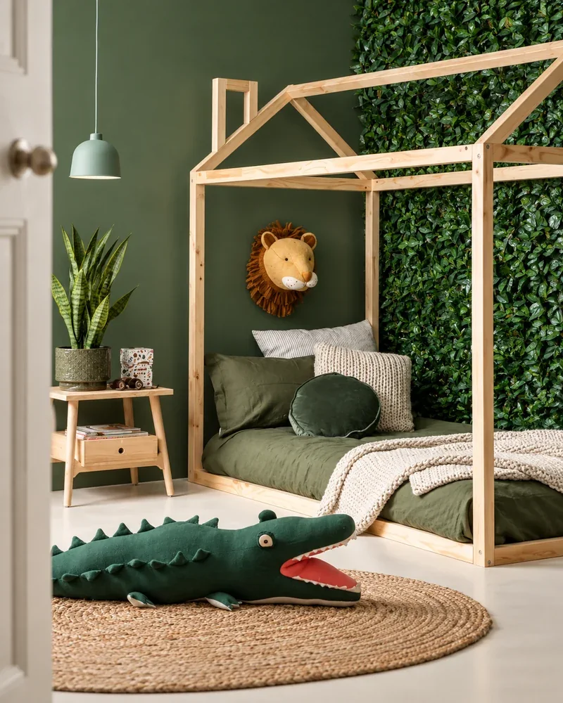 Chambre d'enfant jungle avec lit cabane en bois, mur vert kaki, décoration végétale et peluche crocodile
