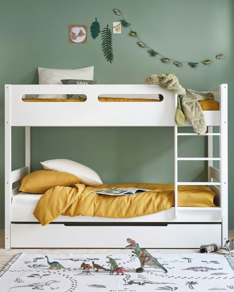 Lit superposé Galaxy blanc en bois massif avec linge de lit moutarde