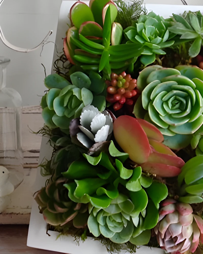 Cadre vivant blanc rempli de succulentes posé entre des bocaux en verre