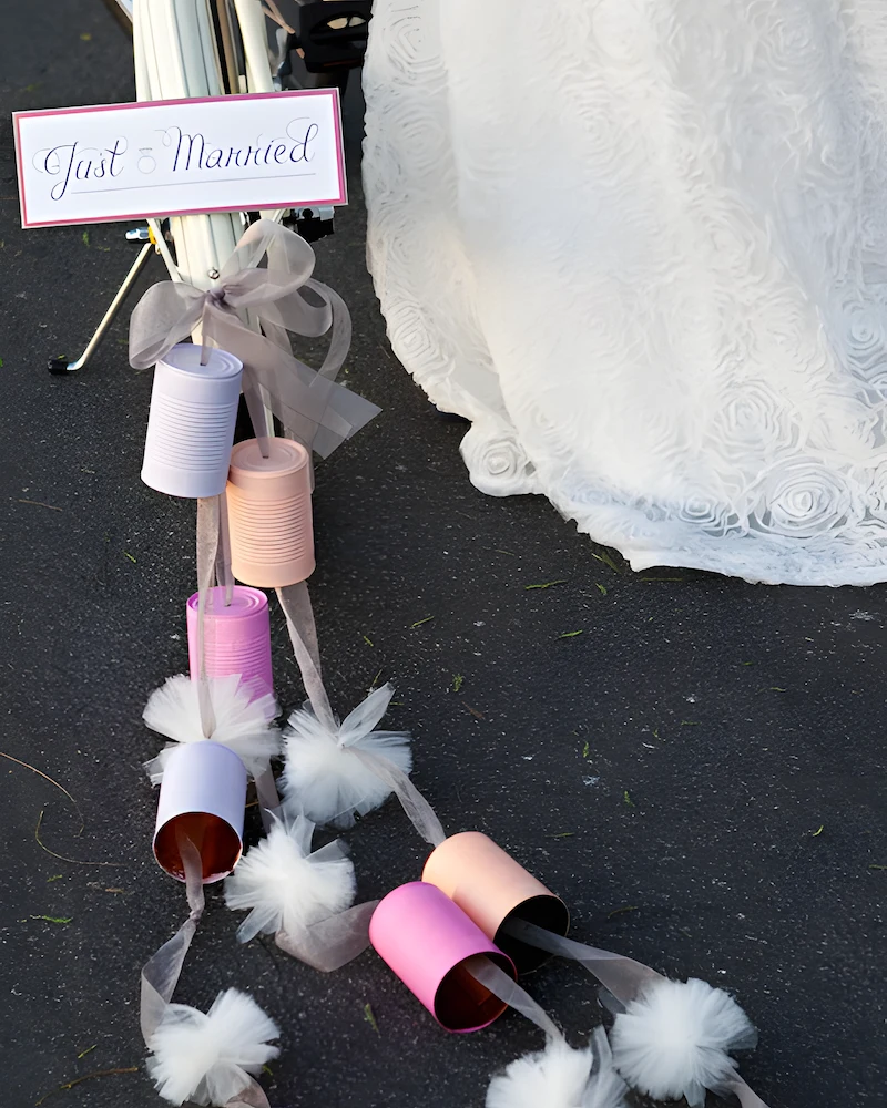 Boîtes de conserve peintes en rose et mauve ornées de tulle blanc, avec un panneau Just Married, attachées à un vélo