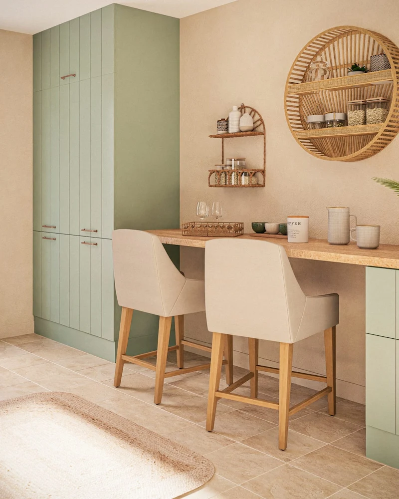 Cuisine scandinave avec façades vert sauge, plan de travail en bois, chaises hautes beige et étagère ronde