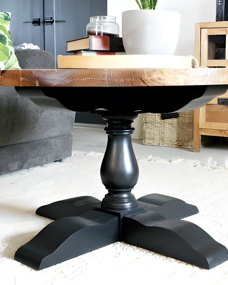Table basse ronde en bois sur un pied central tourné noir