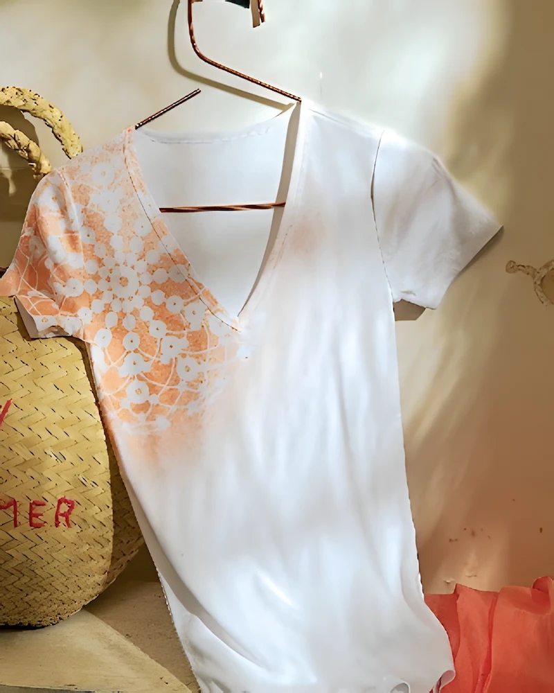 Tee-shirt blanc décoré d'une rosace orange au pochoir