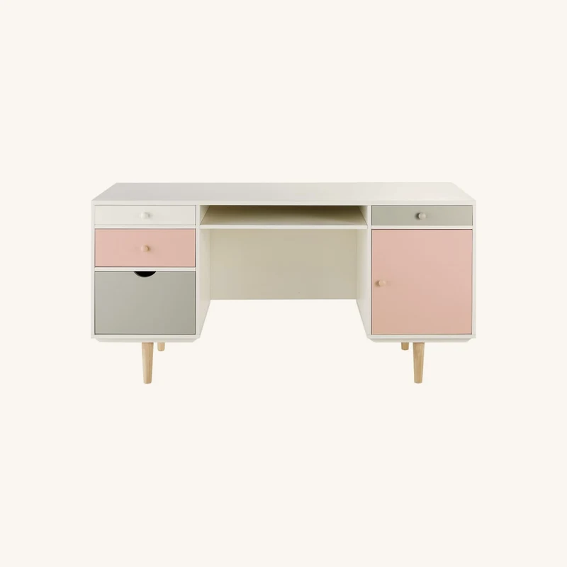 Bureau 1 porte 4 tiroirs blanc, gris et rose chez Maisons du Monde