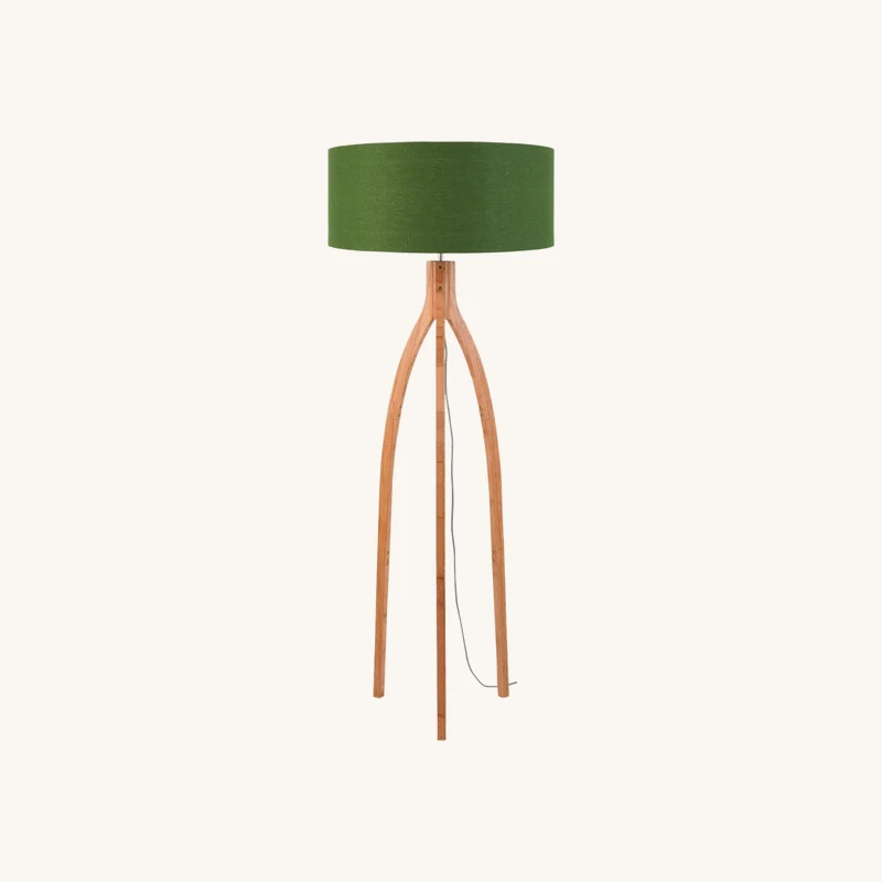 Lampadaire en bambou abat-jour en lin vert forêt chez The Cool Republic