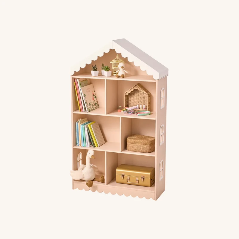 Bibliothèque enfant feston bois maison rose chez Vertbaudet